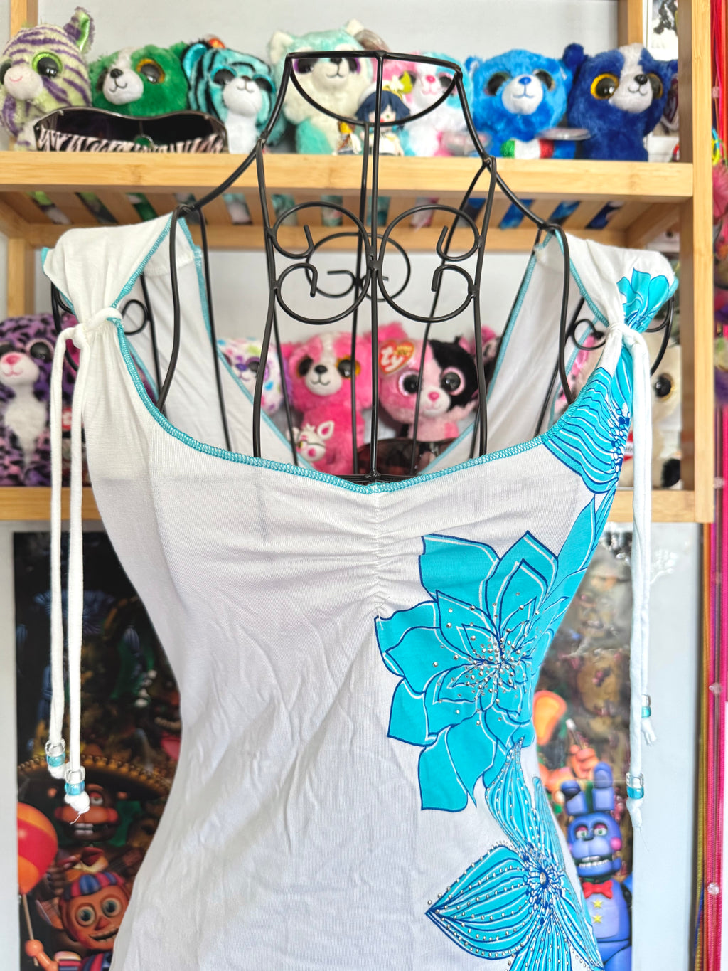 y2k vintage turquoise floral print fitted cami top with ruched detail, rhinestones and sleeve tassels
