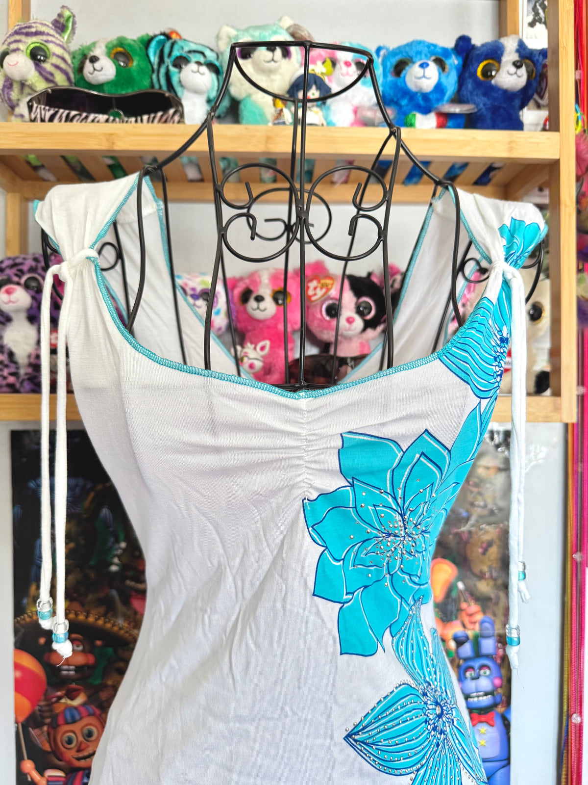 y2k vintage turquoise floral print fitted cami top with ruched detail, rhinestones and sleeve tassels