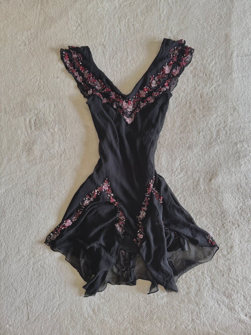 vintage 90’s silk black fairy hanky hem beaded mini dress