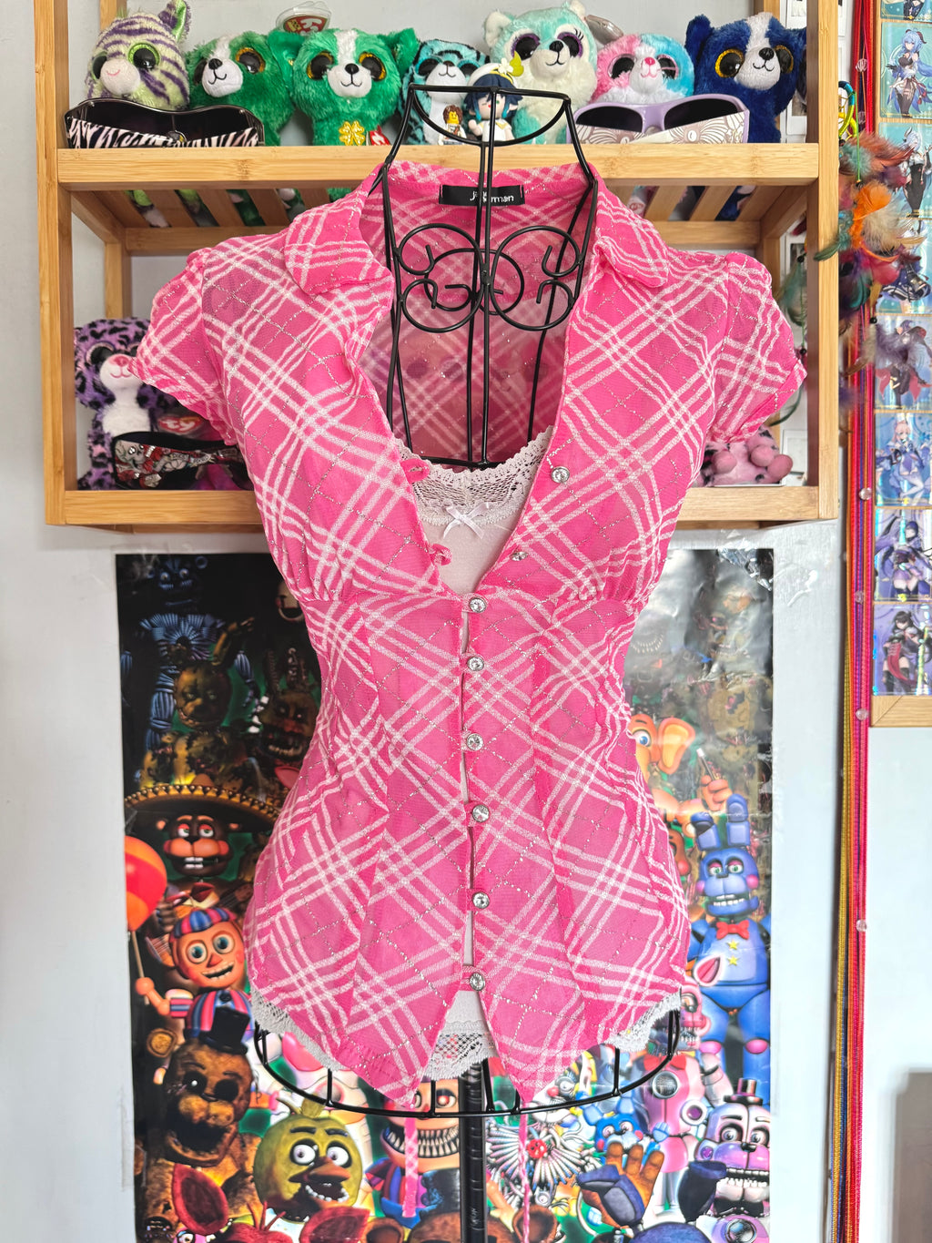 y2k vintage rare hot pink plaid glittery button up sheer blouse with lace up back mcbling