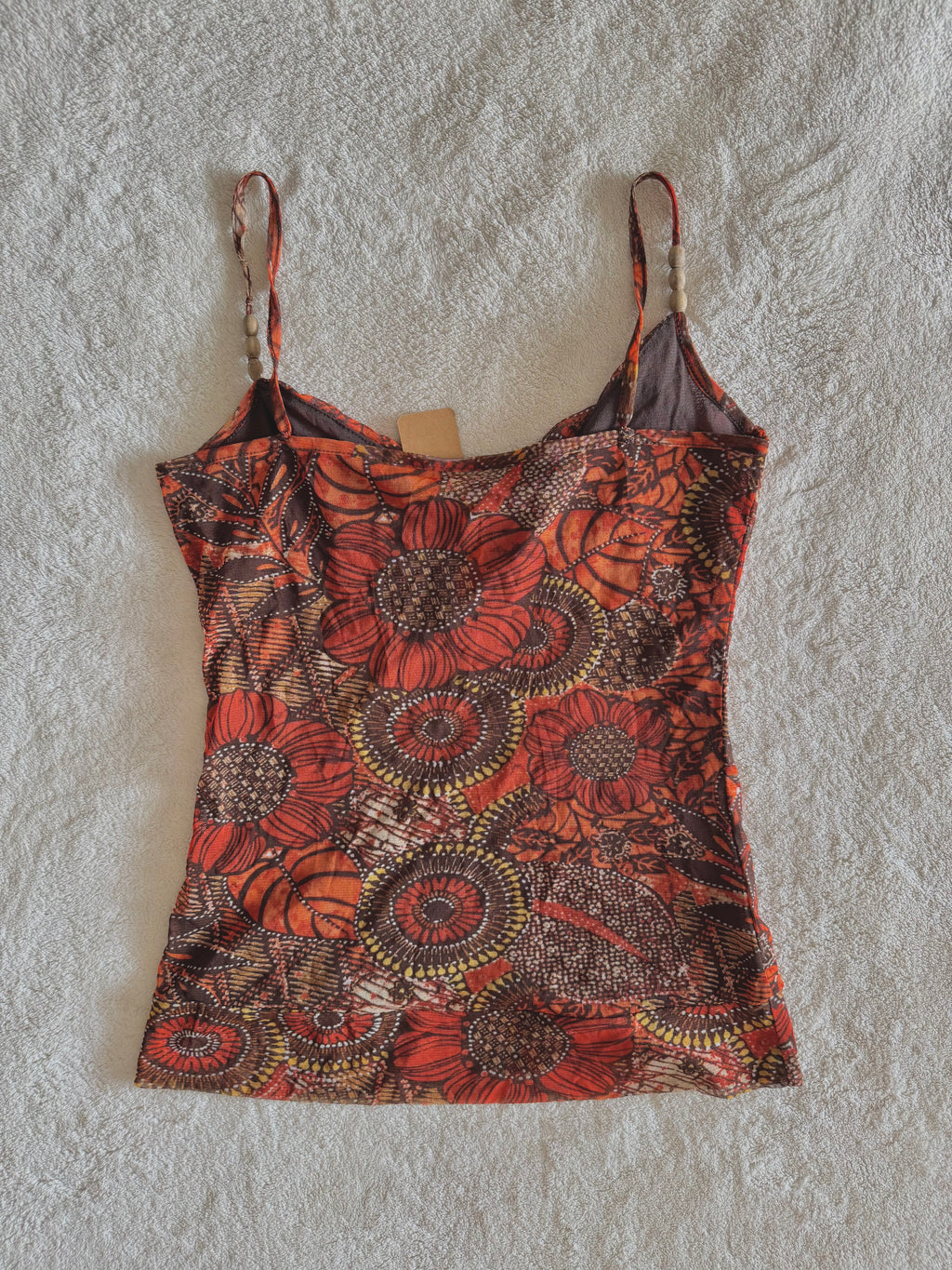 y2k vintage orange floral mesh cami top with wooden beading