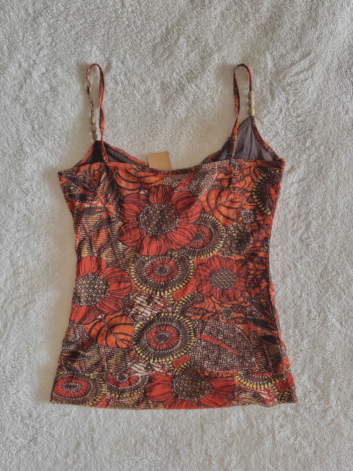y2k vintage orange floral mesh cami top with wooden beading
