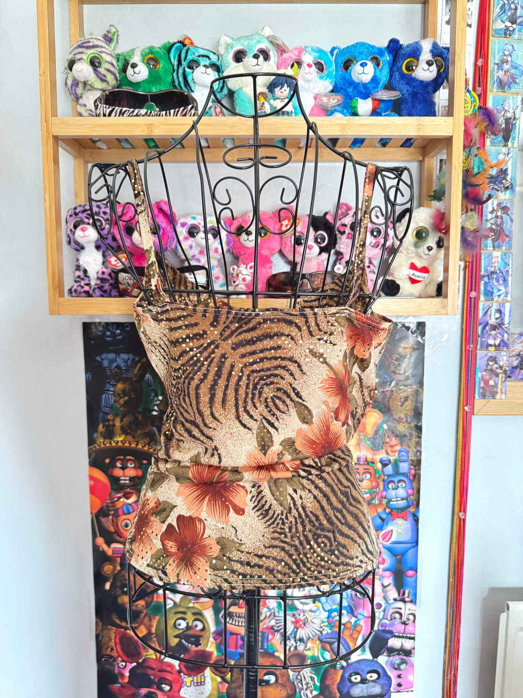 y2k vintage cowl neck fitted earthy vest top with mixed floral and animal print