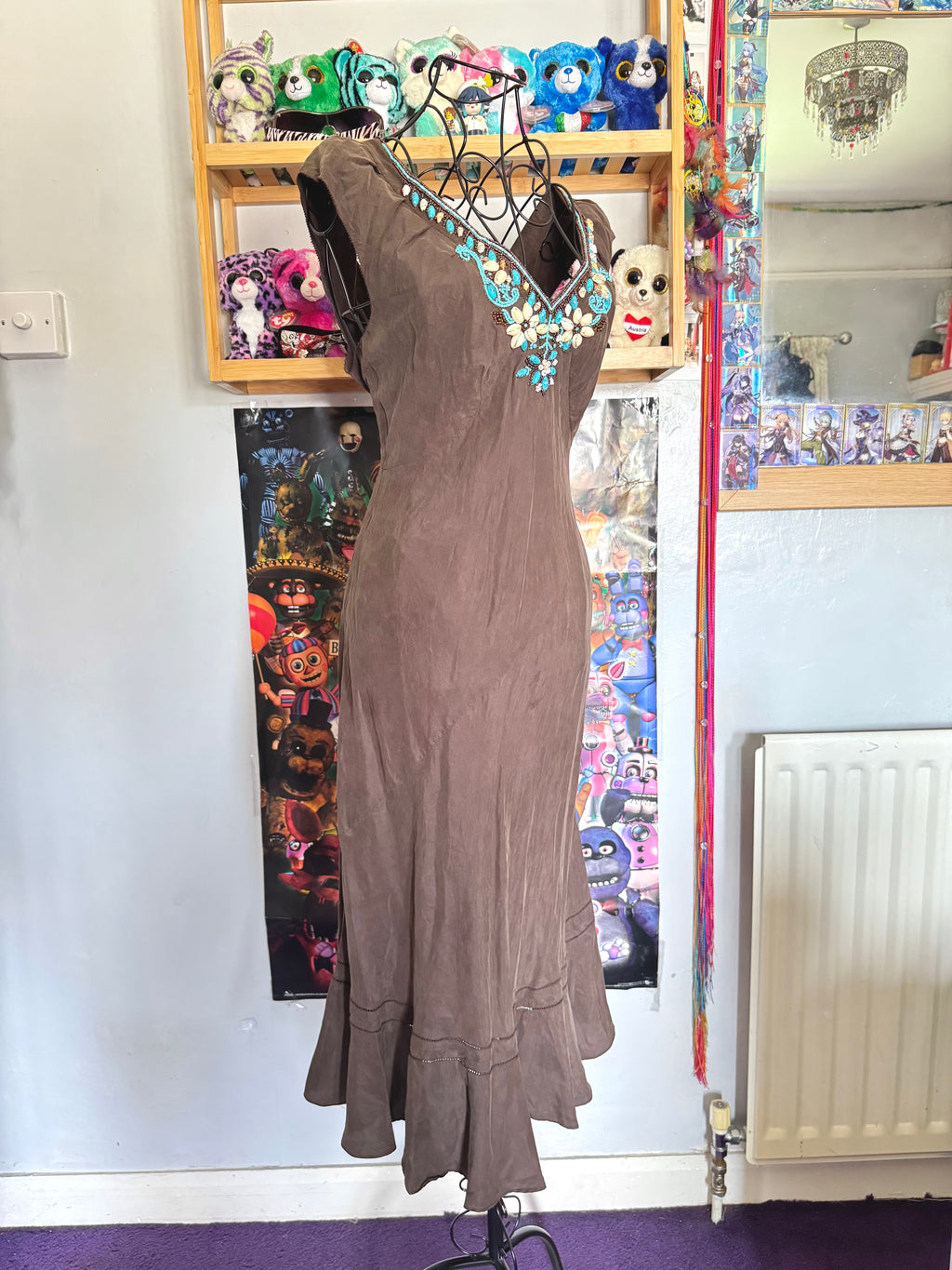 y2k vintage chocolate brown and turquoise blue silk fitted beaded shell midi dress