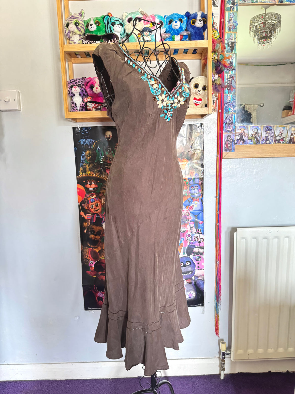 y2k vintage chocolate brown and turquoise blue silk fitted beaded shell midi dress