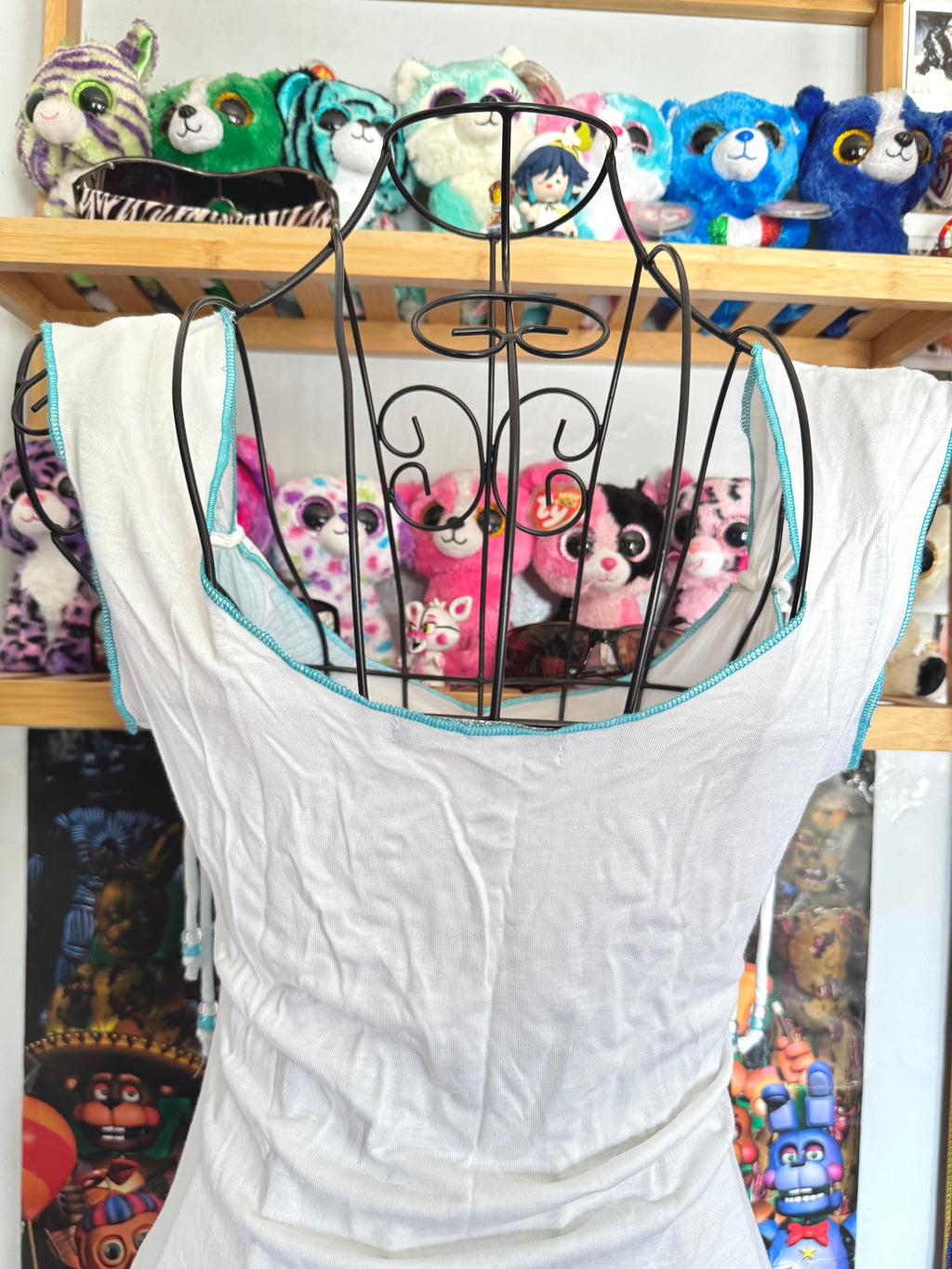 y2k vintage turquoise floral print fitted cami top with ruched detail, rhinestones and sleeve tassels