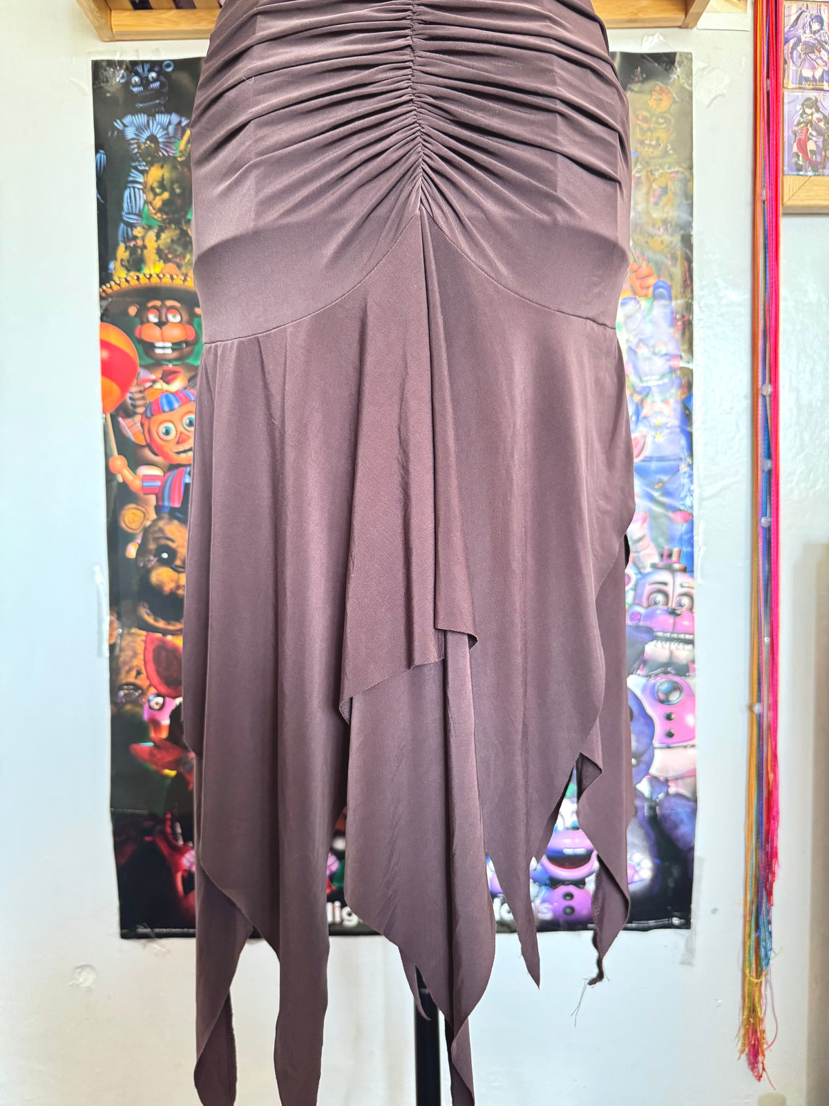 y2k vintage chocolate brown ruched fitted floral lace back fairycore mini dress