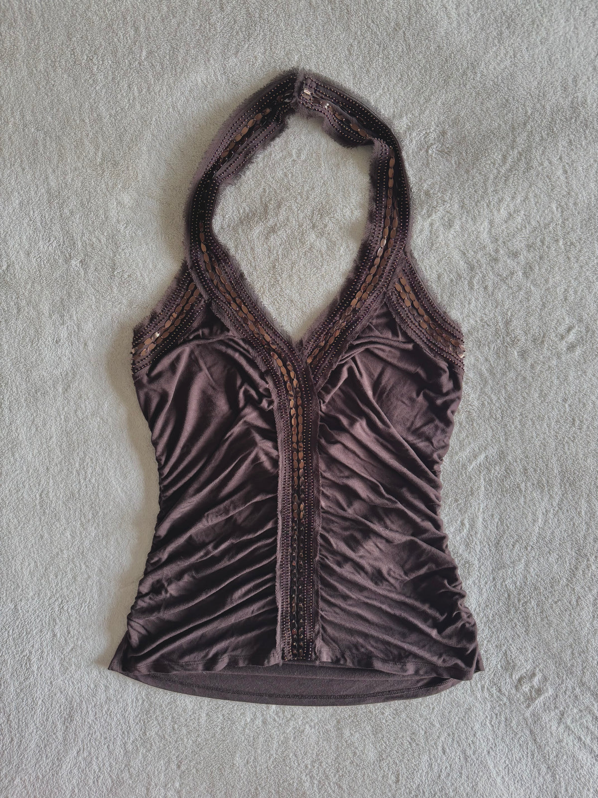 y2k vintage chocolate brown ruched and fitted low back sequin embellished halter top