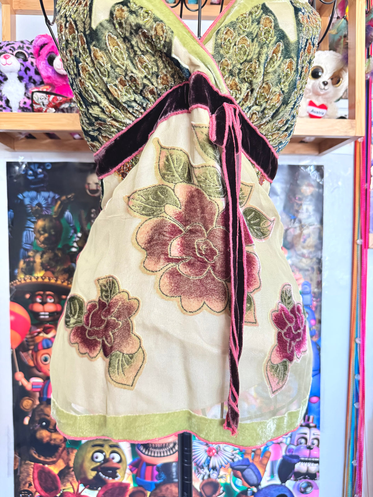 y2k vintage mixed textures velvet beaded incredible earthy cami top whimsical fairycore