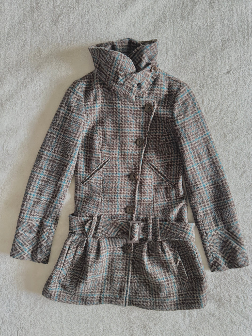 y2k vintage funnel neck plaid button up peacoat with detachable adjustable belt