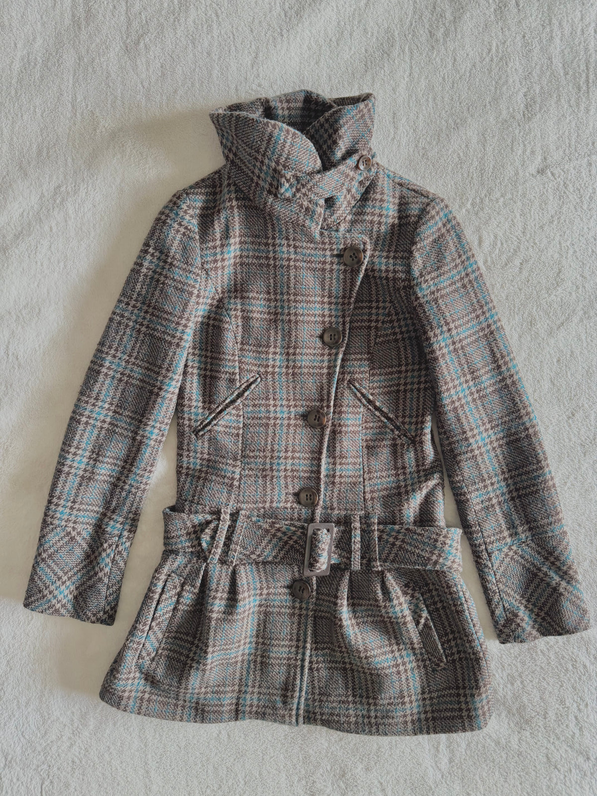 y2k vintage funnel neck plaid button up peacoat with detachable adjustable belt