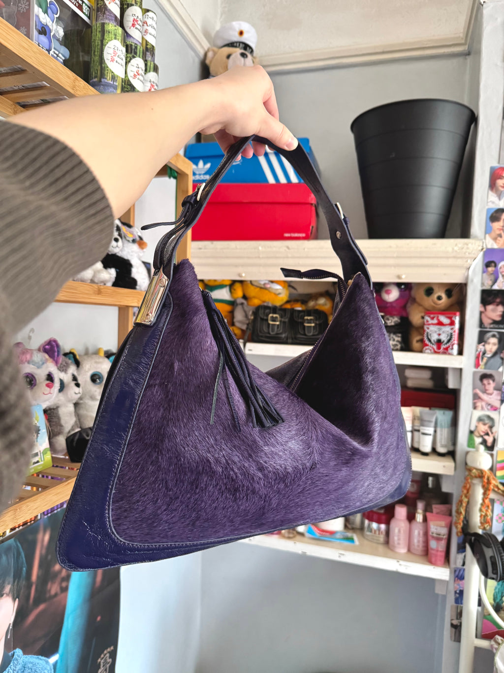 y2k pony hair violet purple slouchy boho handbag with real suede and leather