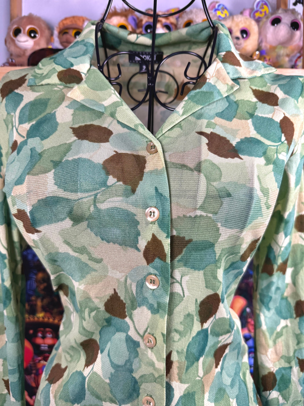 y2k vintage sheer mesh button up top with leaf print