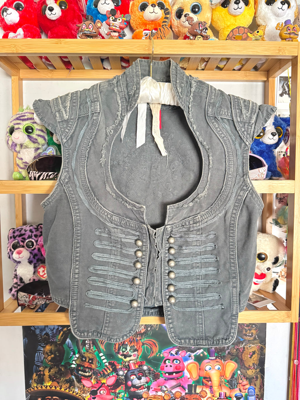 y2k vintage blueish grey denim distressed military inspired hook up waistcoat steampunk