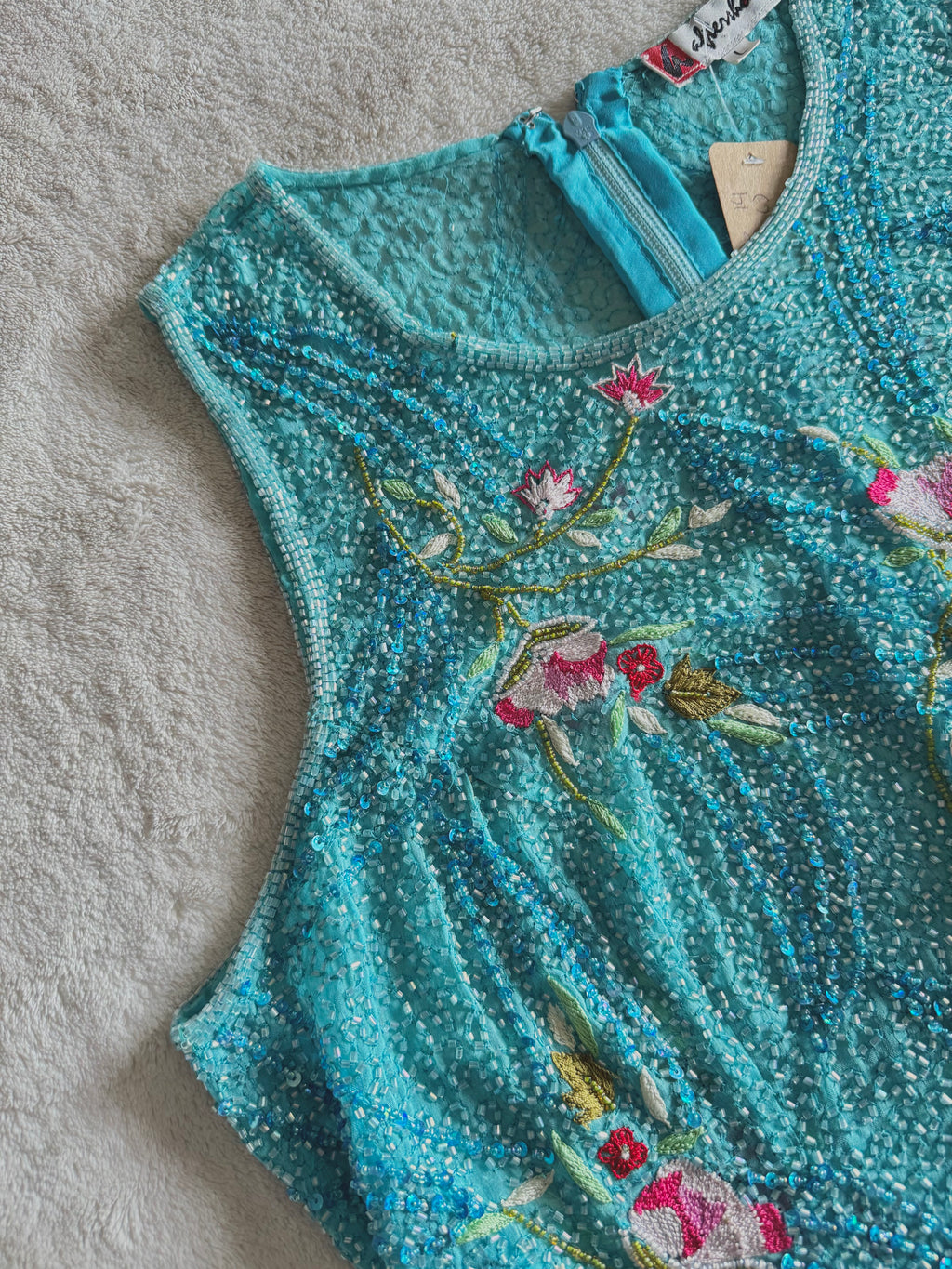 y2k vintage turquoise blue heavily beaded silk fitted vest top mermaid