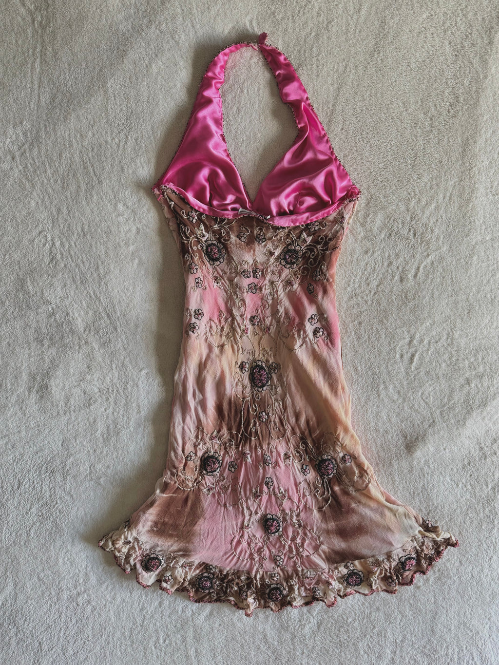 90’s vintage silk pink and brown beaded floral pattern halterneck mini dress fairycore