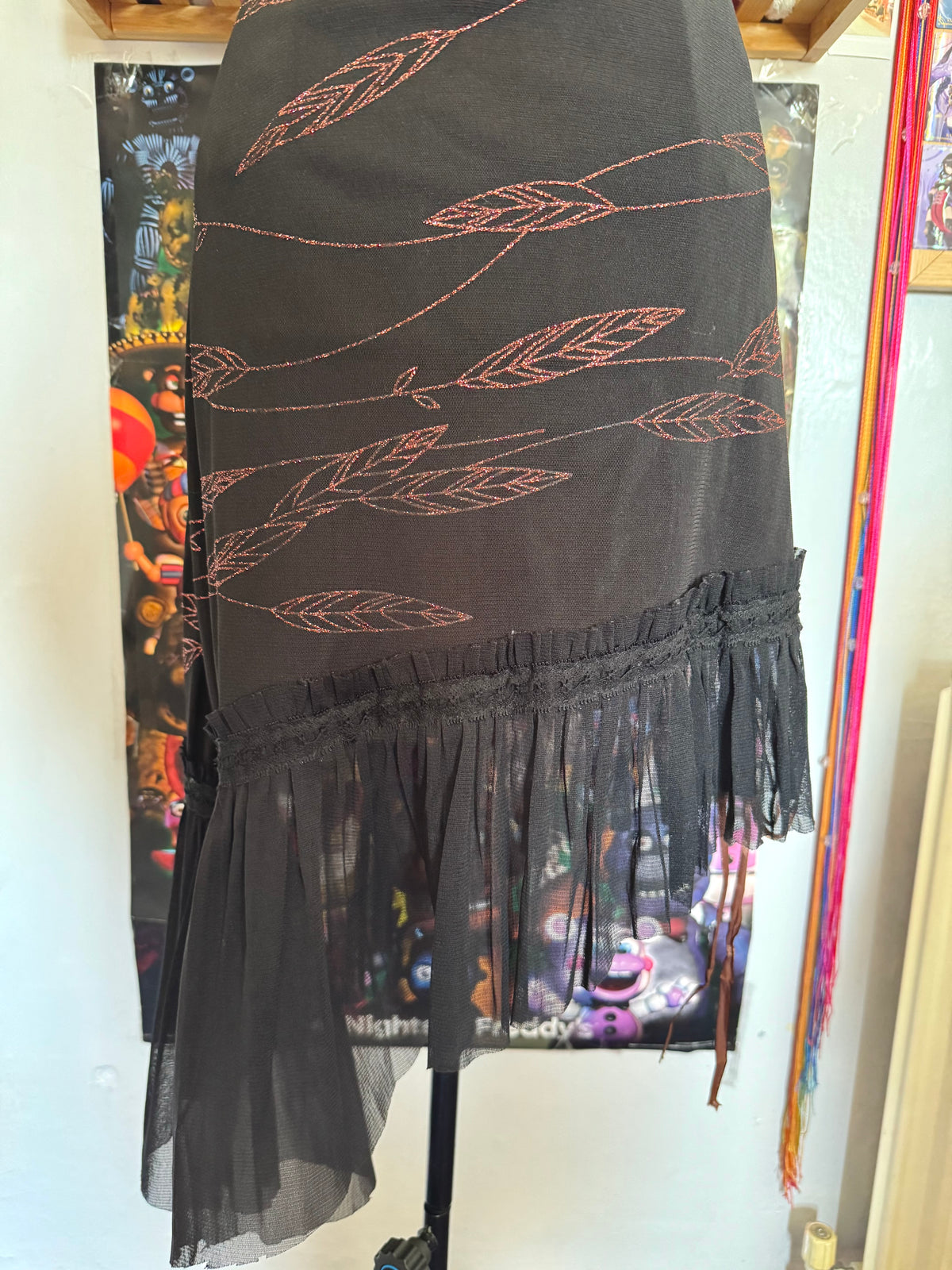 y2k vintage black asymmetrical hem mesh midi dress with bronze shimmer