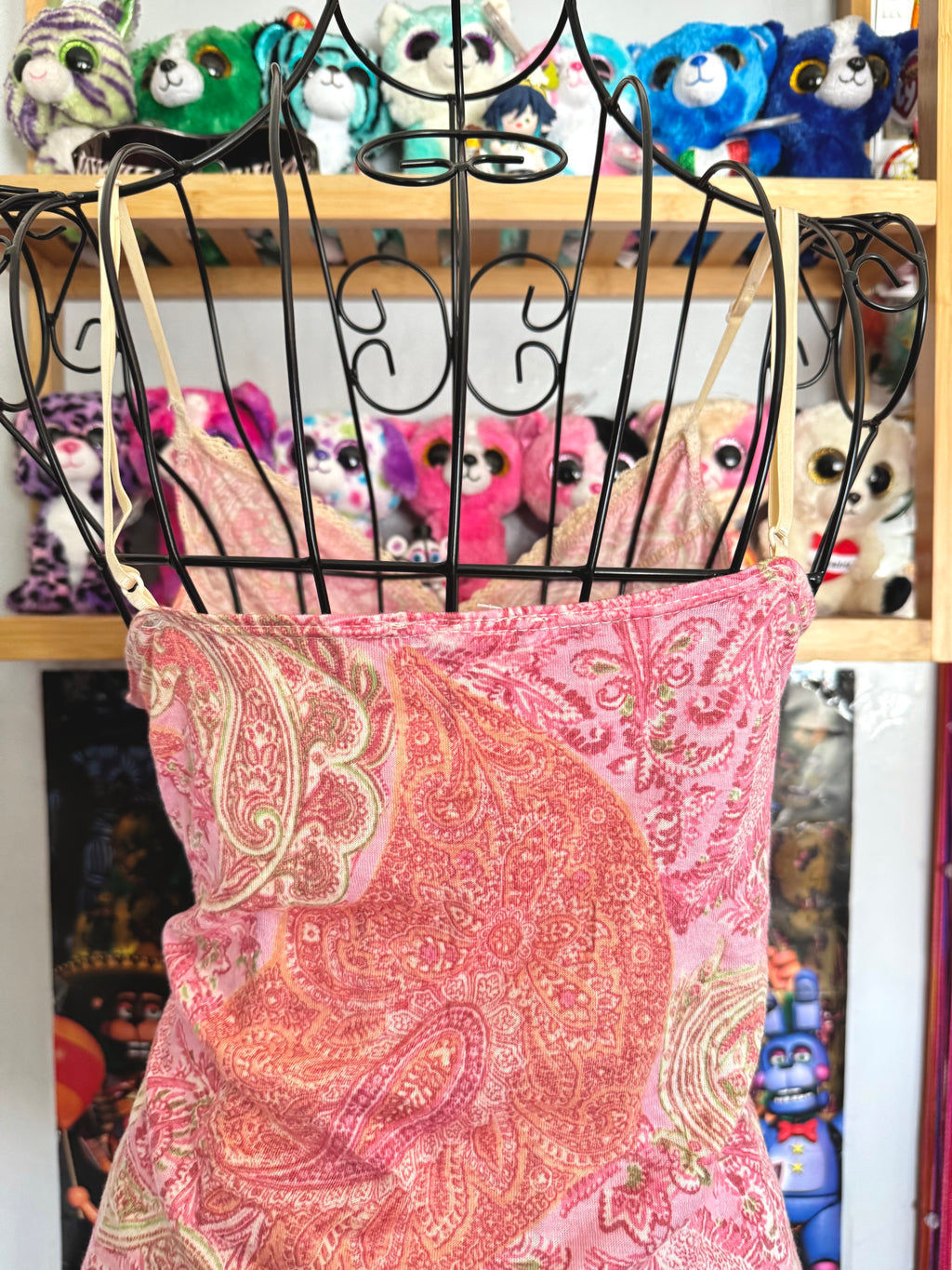 y2k vintage paisley print pink fitted cami top with sequins and lace trimmings