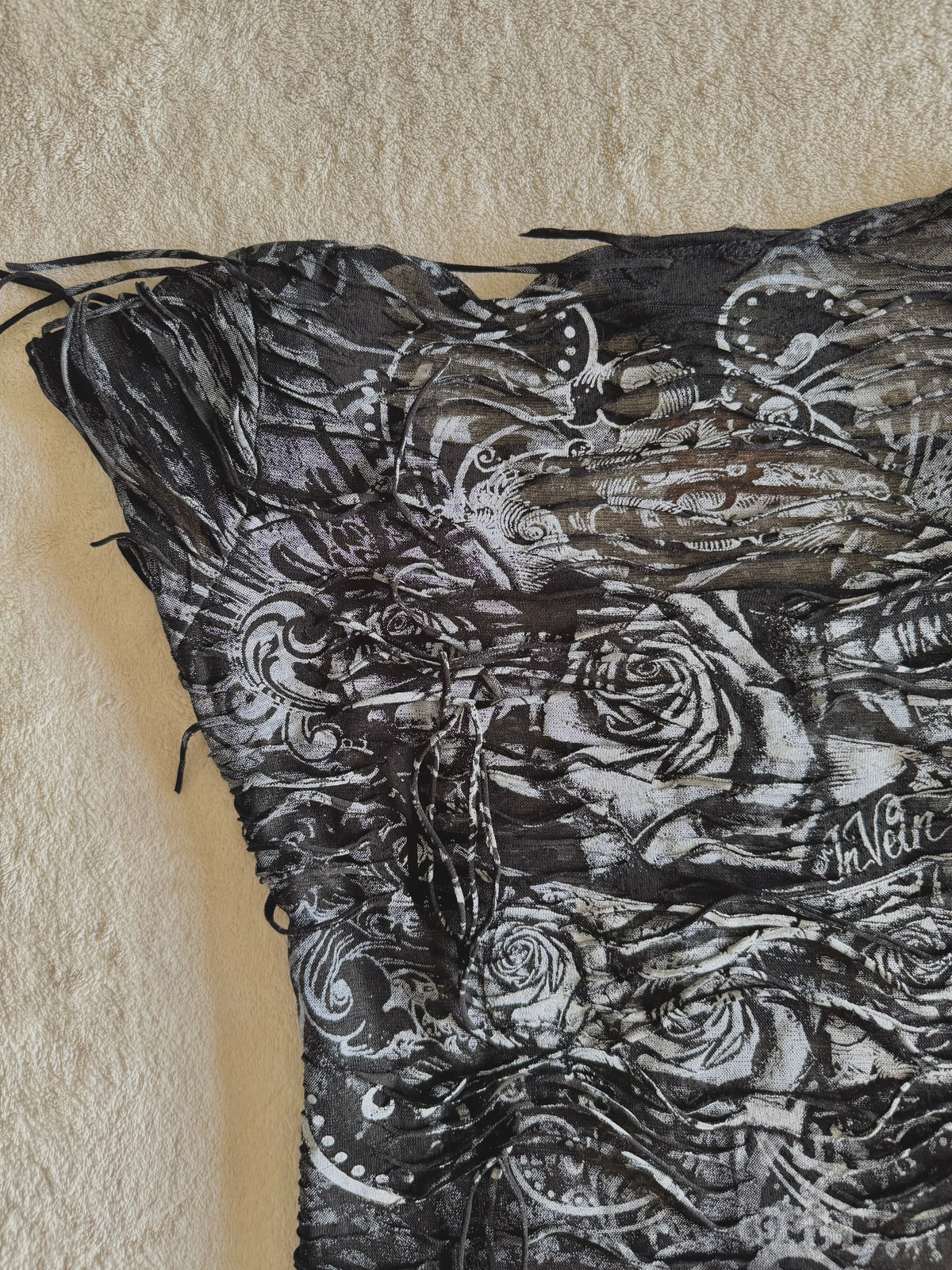 y2k vintage insane slashed graphic rose print sheer fitted tee grunge