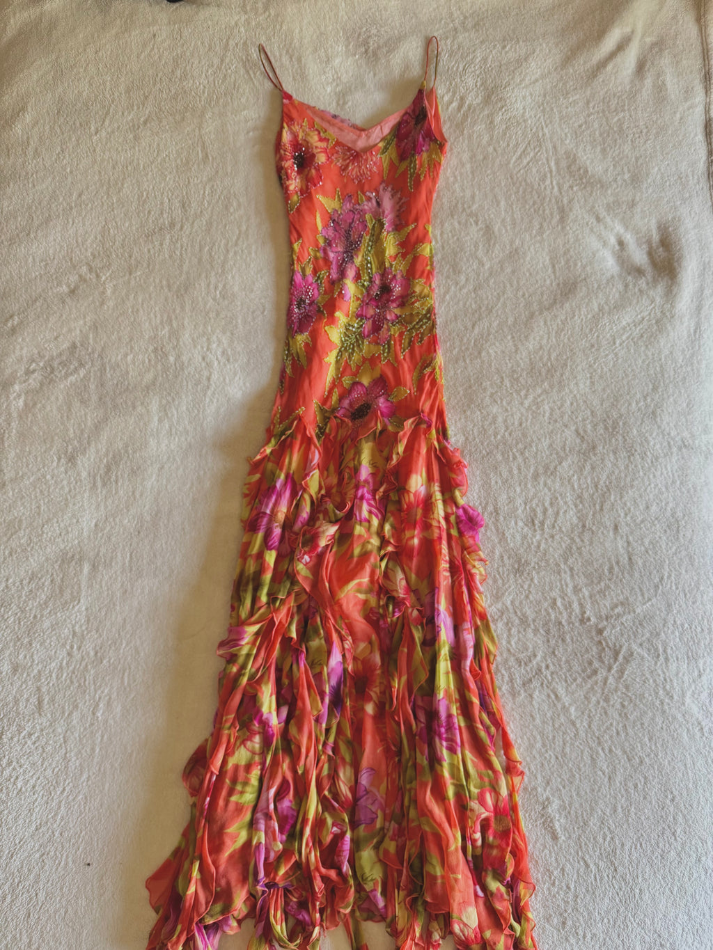 y2k vintage silk orange floral special occasion maxi dress with tassel hem