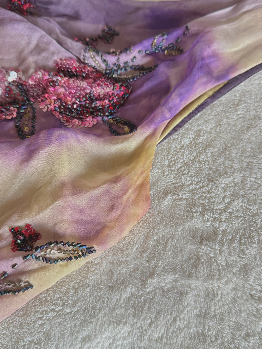 y2k vintage violet purple whimsical silk floral beaded hanky hem cowl neck maxi dress fairy