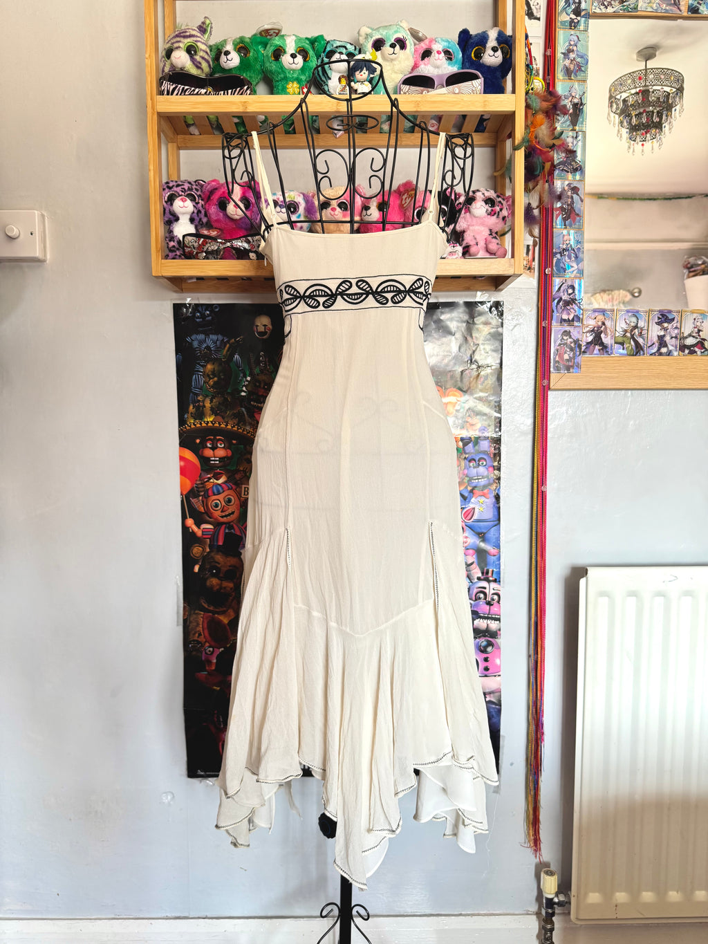 y2k vintage silk off white and black beaded midi dress with bulky layered hem fairycore