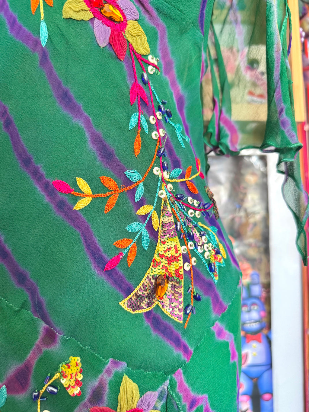 y2k vintage silk green flowy midaxi length dress with multicoloured embroidered details