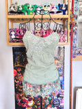 y2k vintage pale sage green mesh fitted cami top with lace trim and beaded chain straps