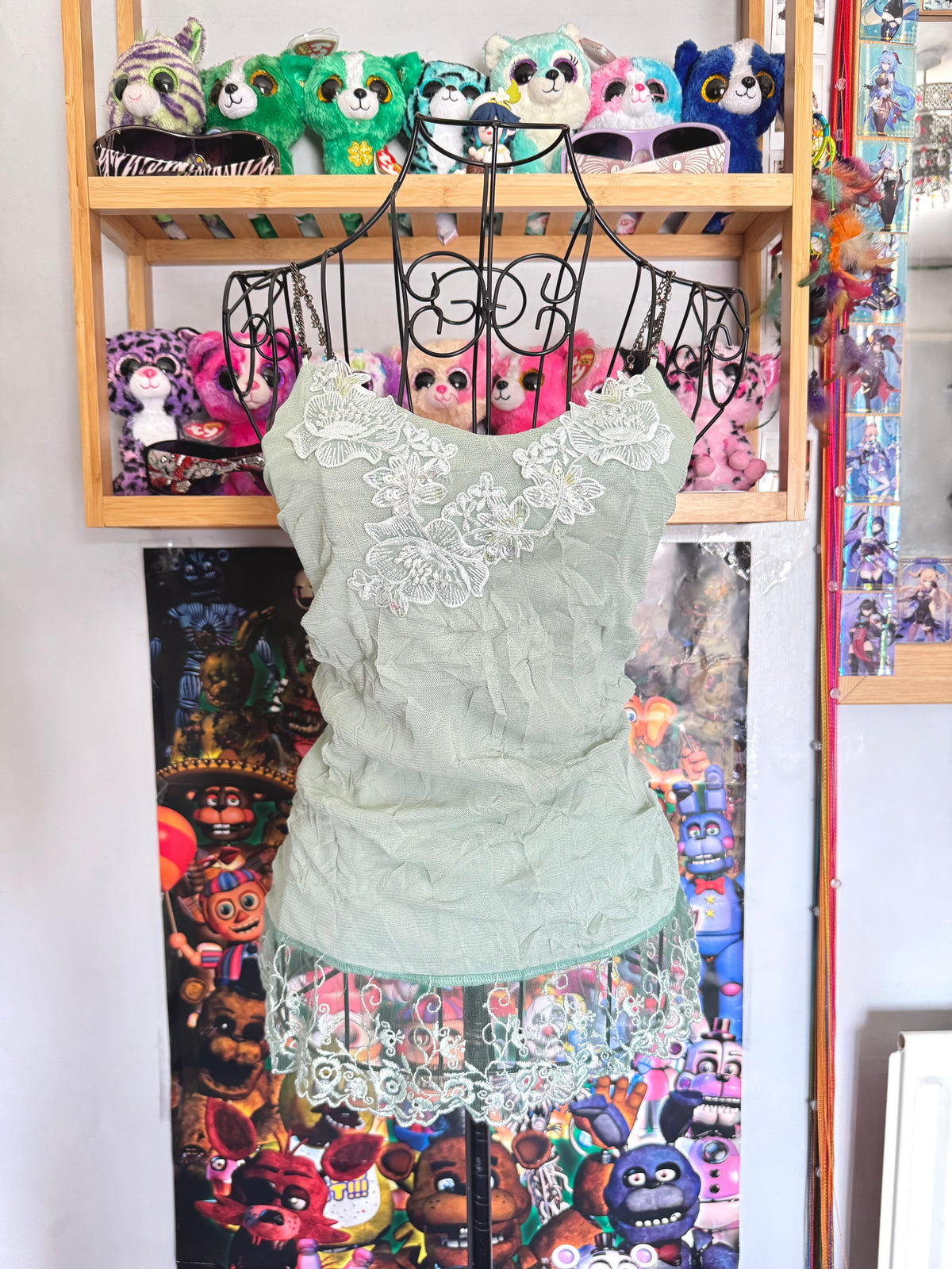 y2k vintage pale sage green mesh fitted cami top with lace trim and beaded chain straps