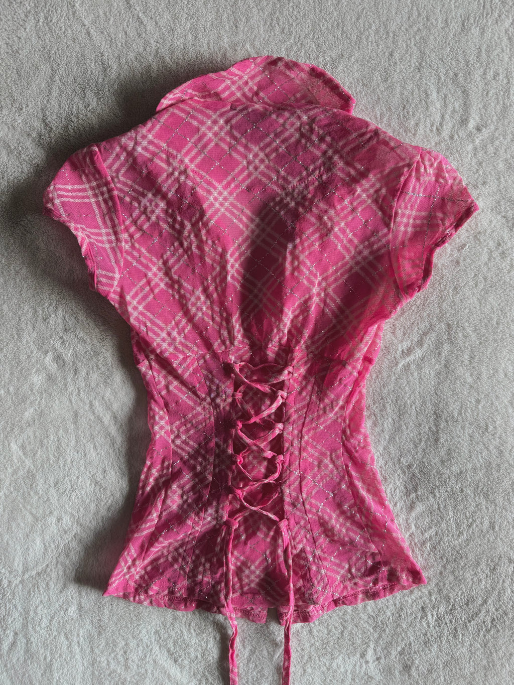 y2k vintage rare hot pink plaid glittery button up sheer blouse with lace up back mcbling