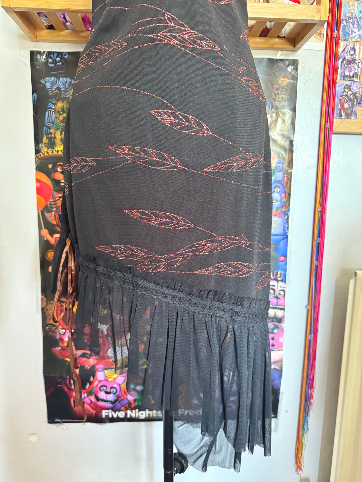 y2k vintage black asymmetrical hem mesh midi dress with bronze shimmer