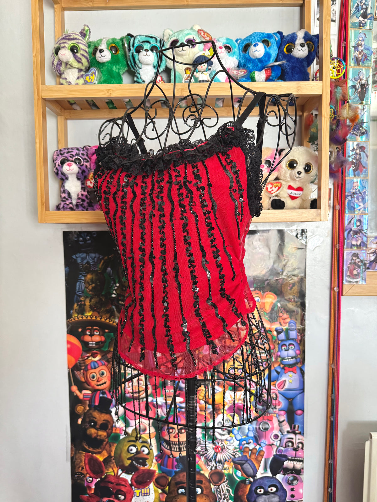 y2k vintage red fitted mesh cami top with black dangle beading and sequin embroidery