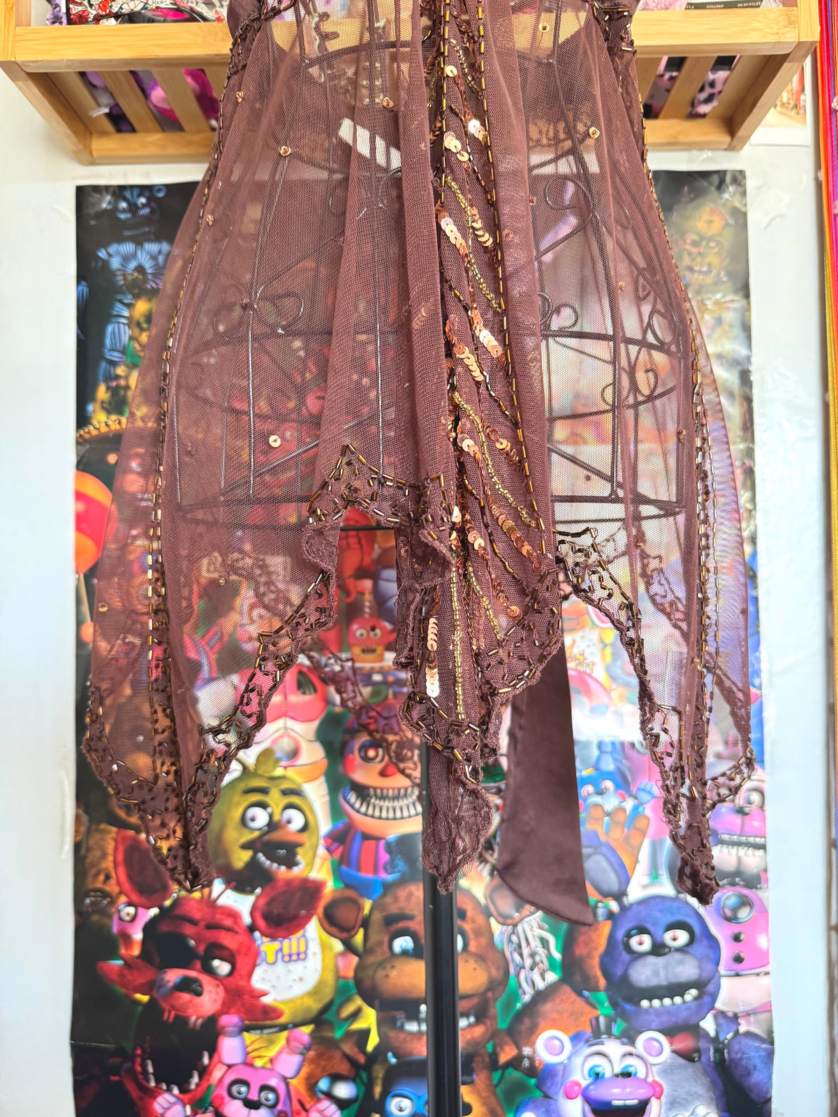 y2k vintage chocolate brown sequin embellished tie back floaty fairycore cami top earthy