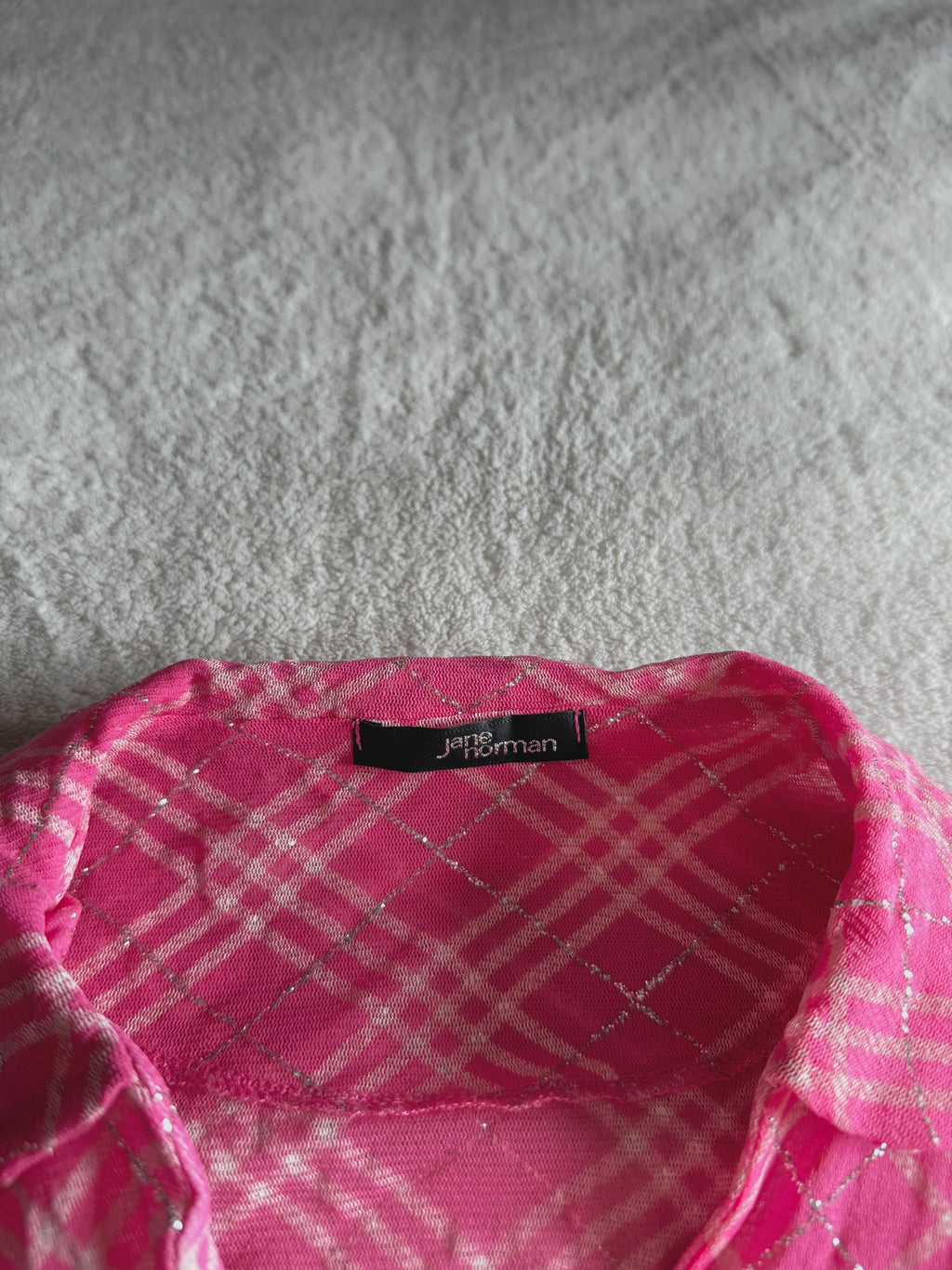 y2k vintage rare hot pink plaid glittery button up sheer blouse with lace up back mcbling