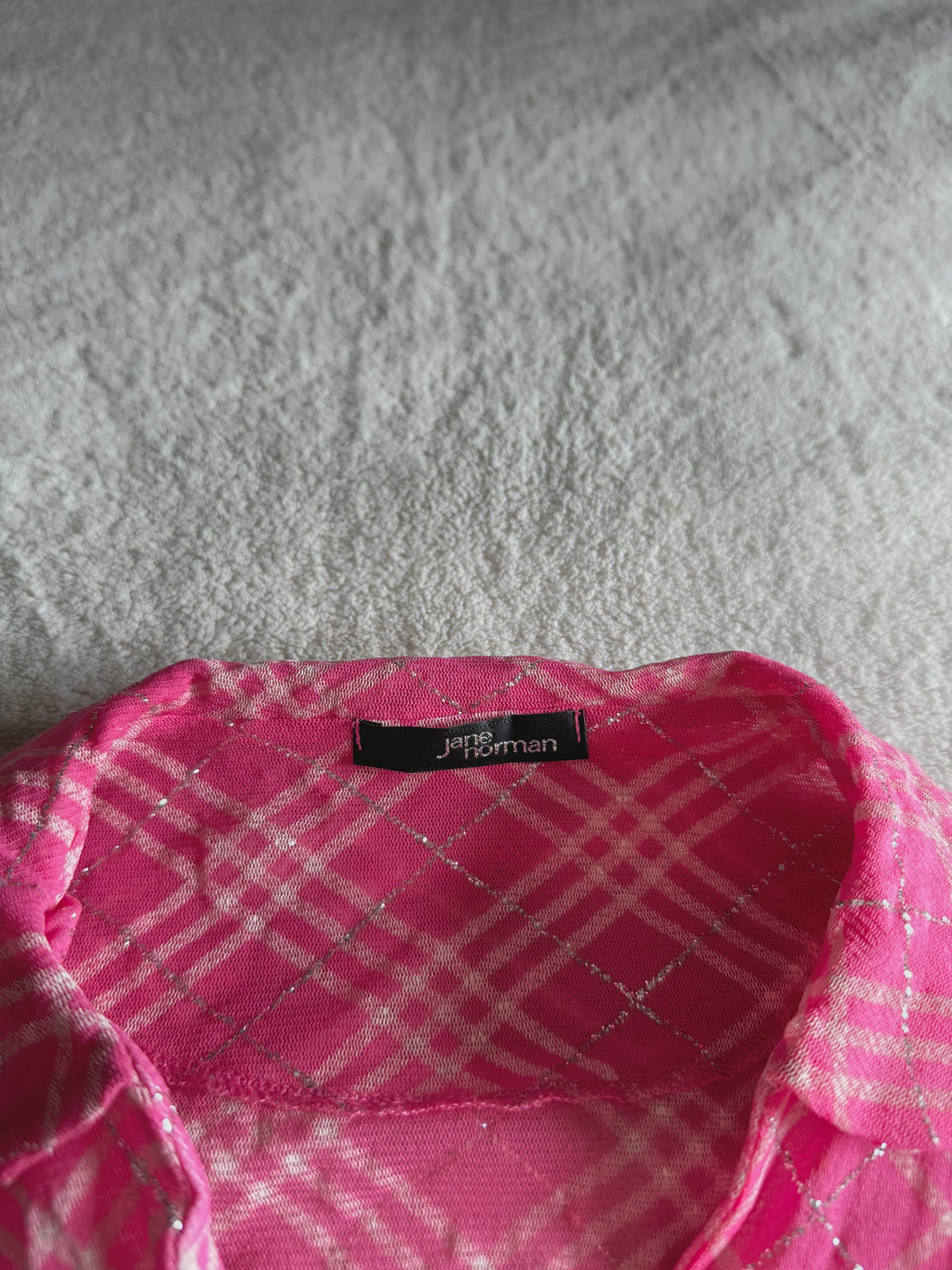 y2k vintage rare hot pink plaid glittery button up sheer blouse with lace up back mcbling