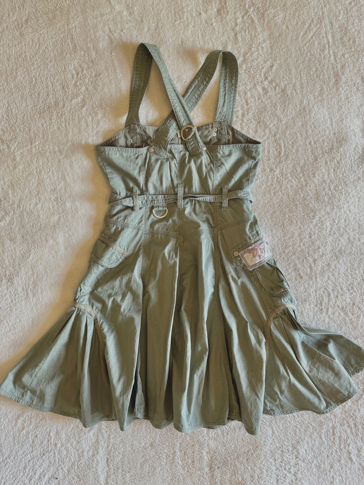 y2k vintage khaki green cargo utility mini dress streetwear grunge summer