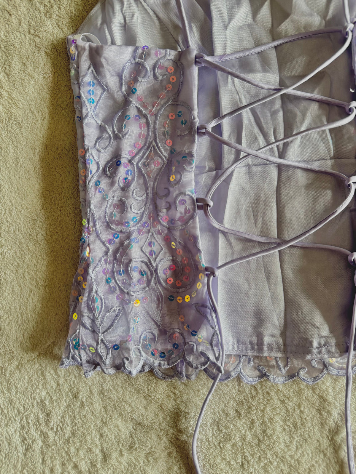 y2k vintage lilac purple lace back cropped and fitted corset top with sequins embellished