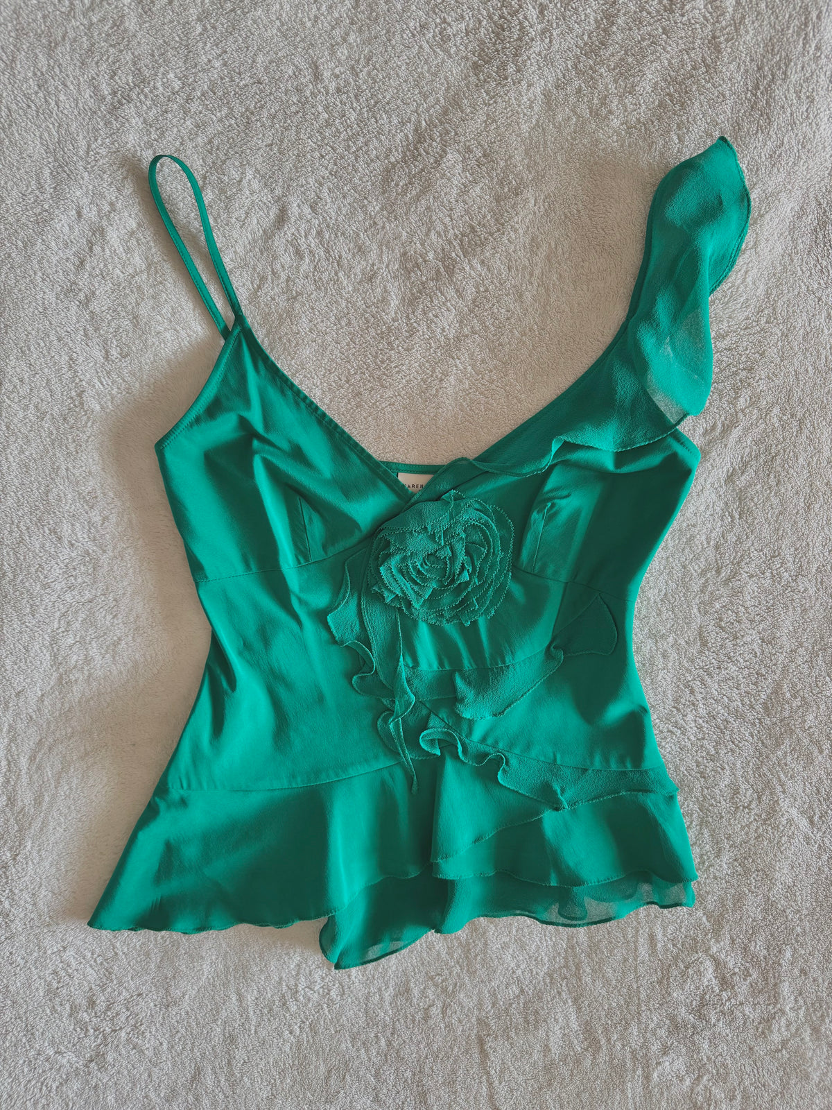 y2k vintage silk emerald green floral layered asymmetrical hem cami top