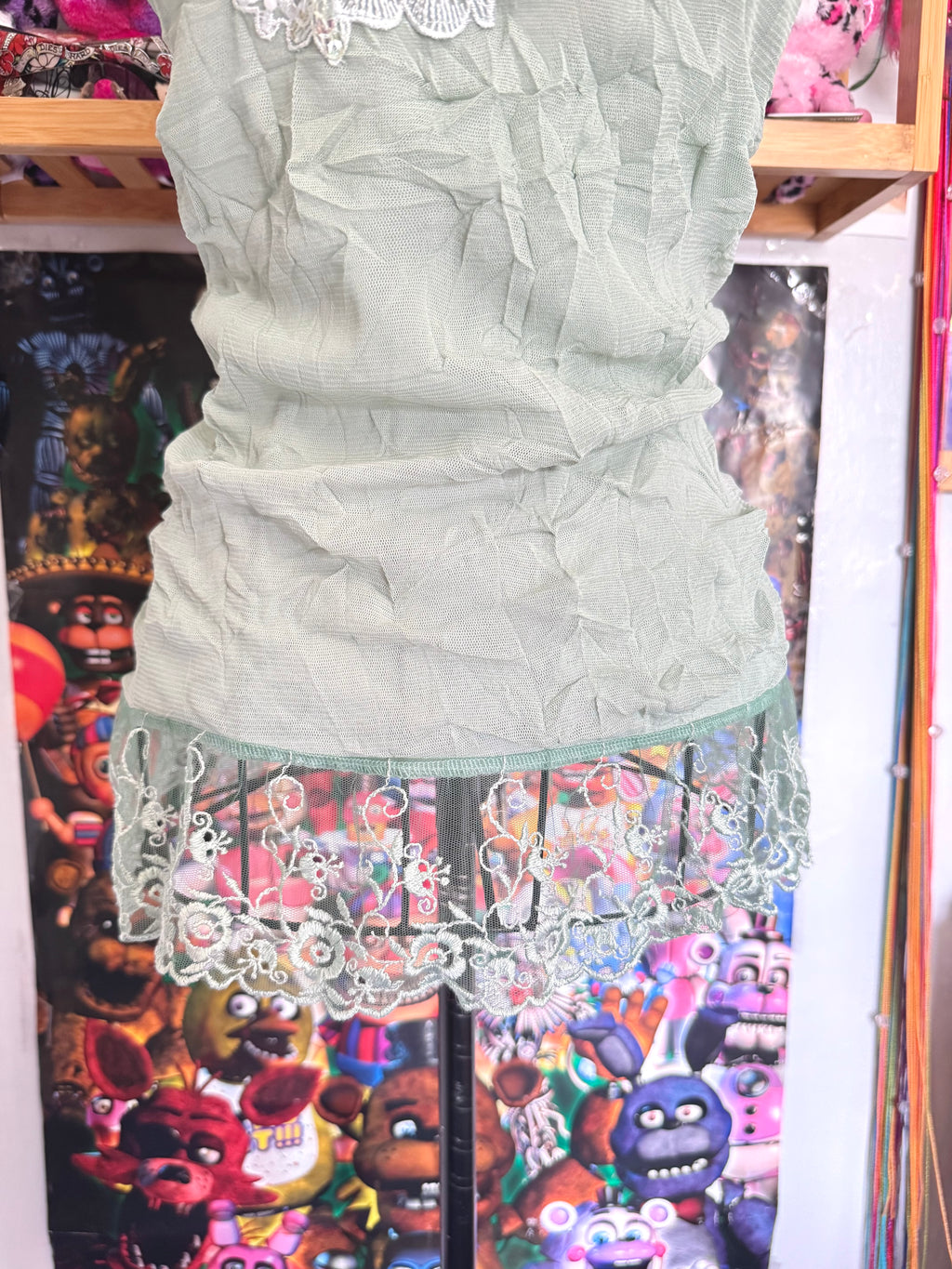 y2k vintage pale sage green mesh fitted cami top with lace trim and beaded chain straps