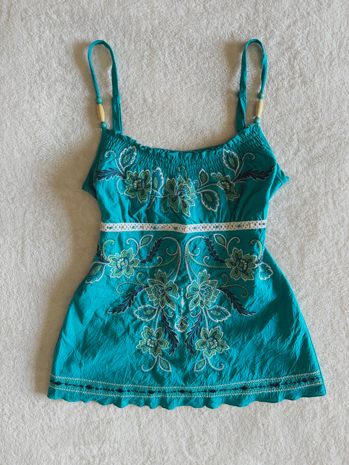 y2k vintage teal blue tie back fitted cami top with expansive floral embroidery