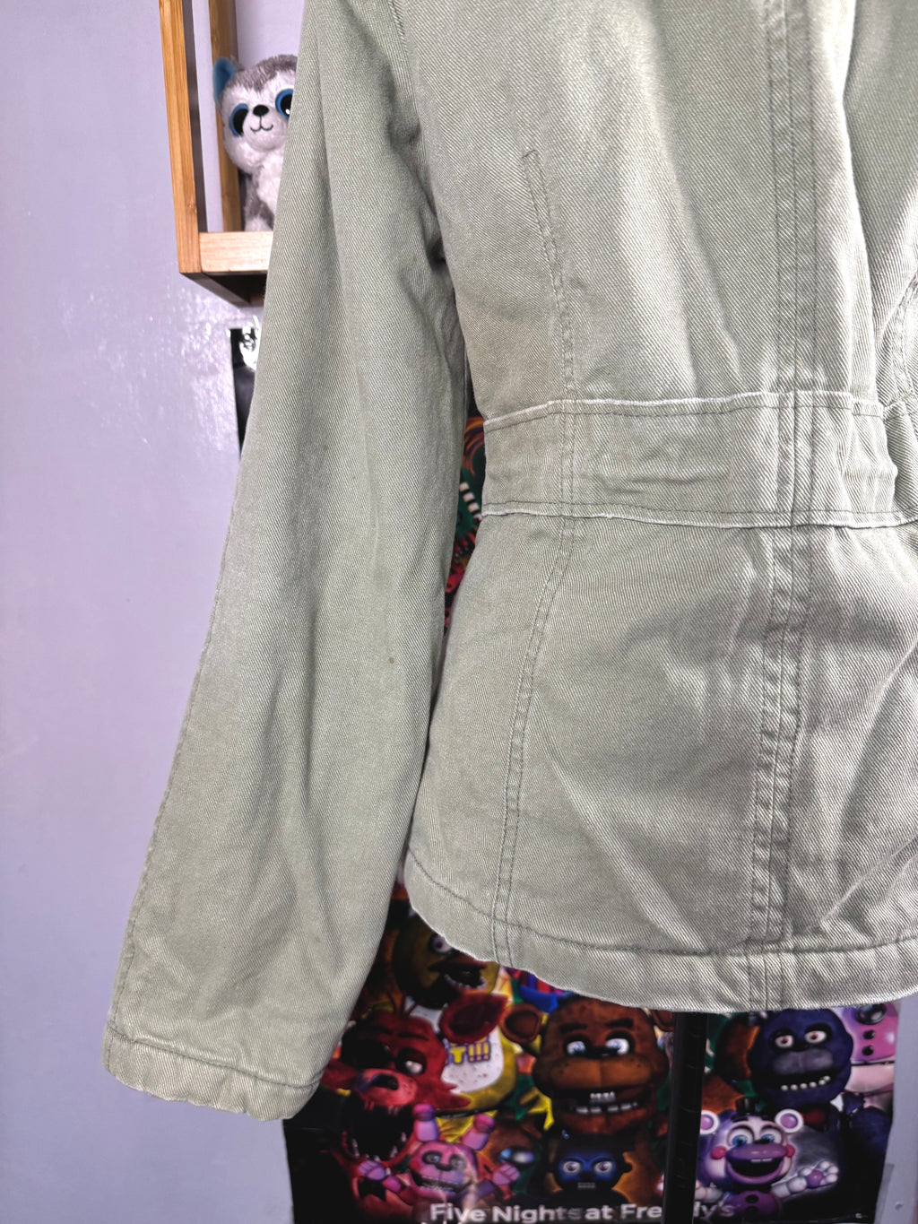 y2k vintage sage green fitted button up parka jacket with faux fur trim hood and cinch waist