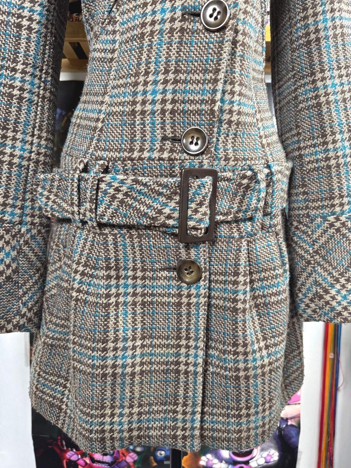 y2k vintage funnel neck plaid button up peacoat with detachable adjustable belt