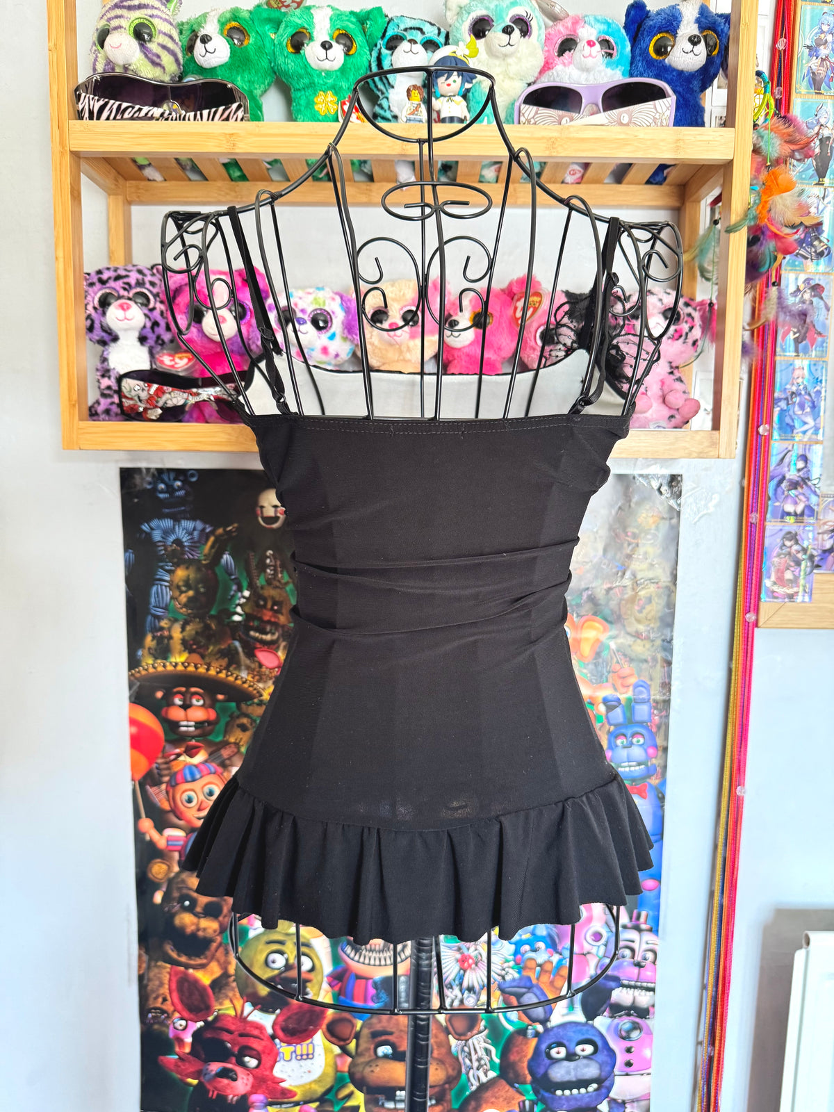 y2k vintage black mesh fitted cami top with ruffle hem and ruched milkmaid bust gothic