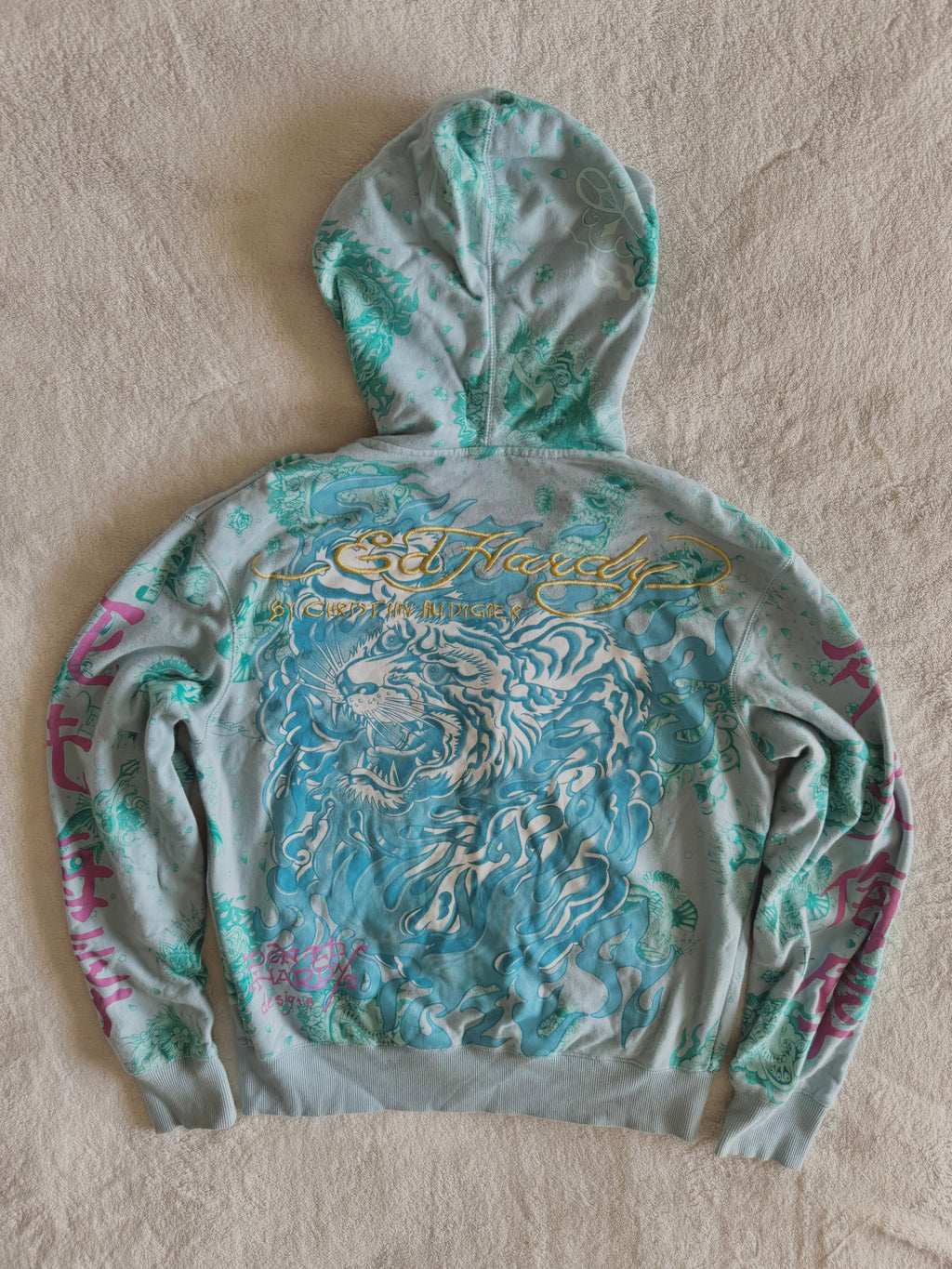 y2k vintage blue zip up drawstring neck hoodie with massive graphic front and back unisex