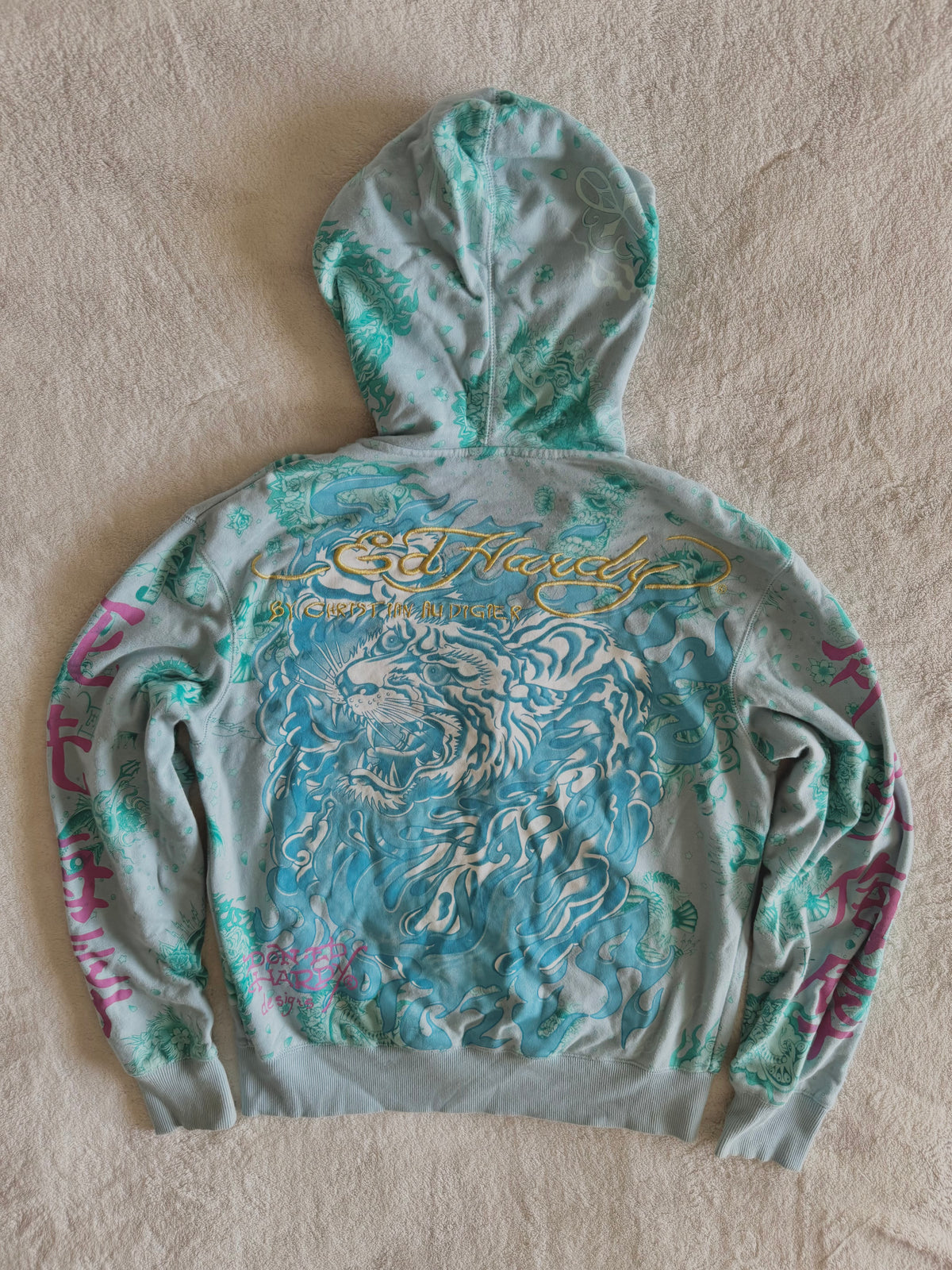y2k vintage blue zip up drawstring neck hoodie with massive graphic front and back unisex