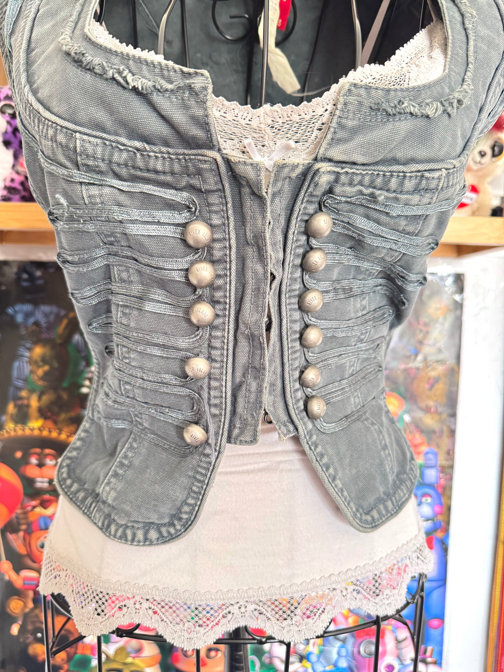 y2k vintage blueish grey denim distressed military inspired hook up waistcoat steampunk