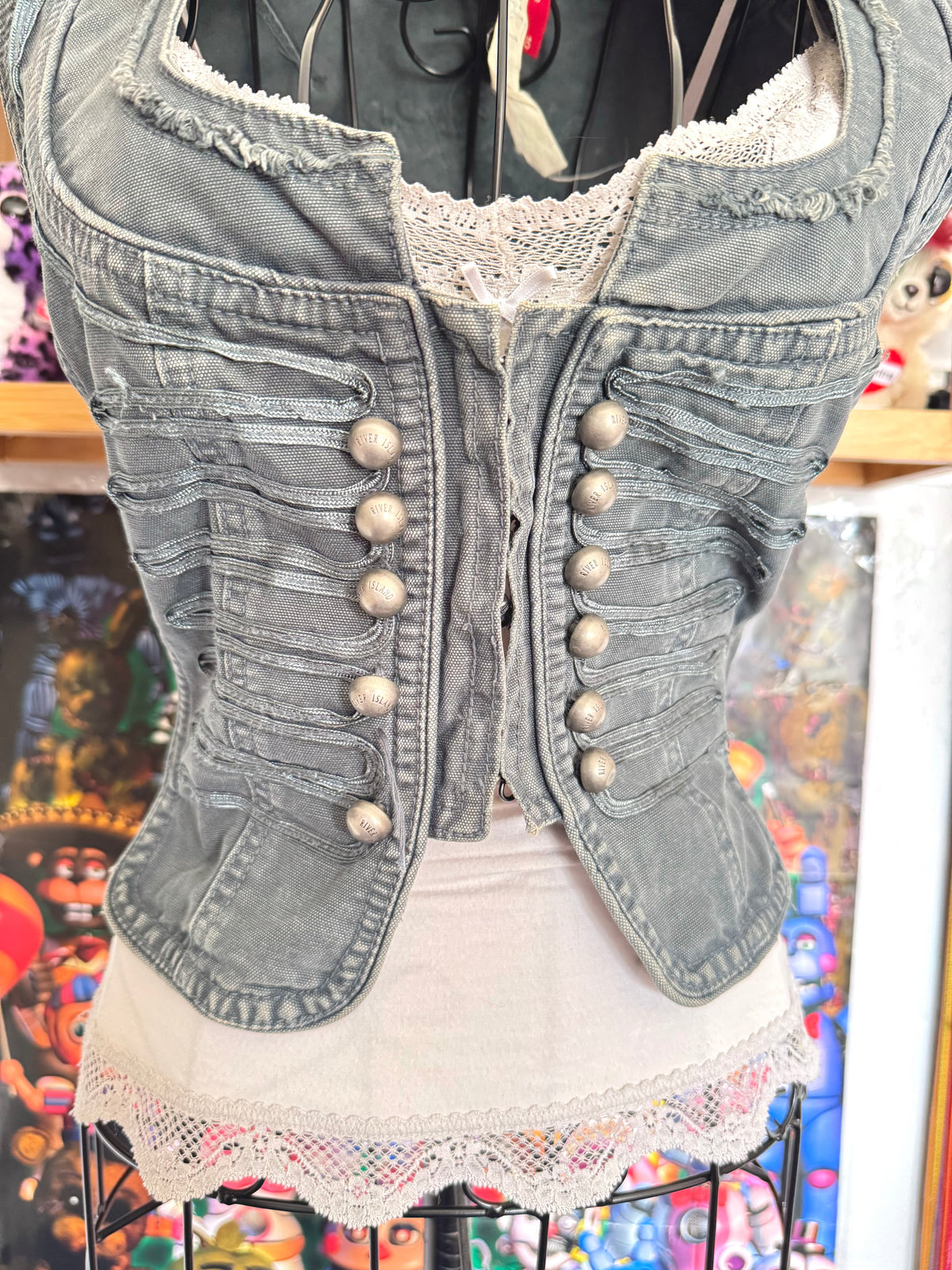 y2k vintage blueish grey denim distressed military inspired hook up waistcoat steampunk