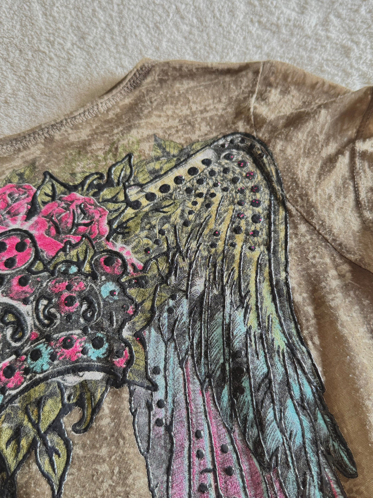 y2k vintage khaki green fitted sheer insane graphic top with crown, wings and rhinestones