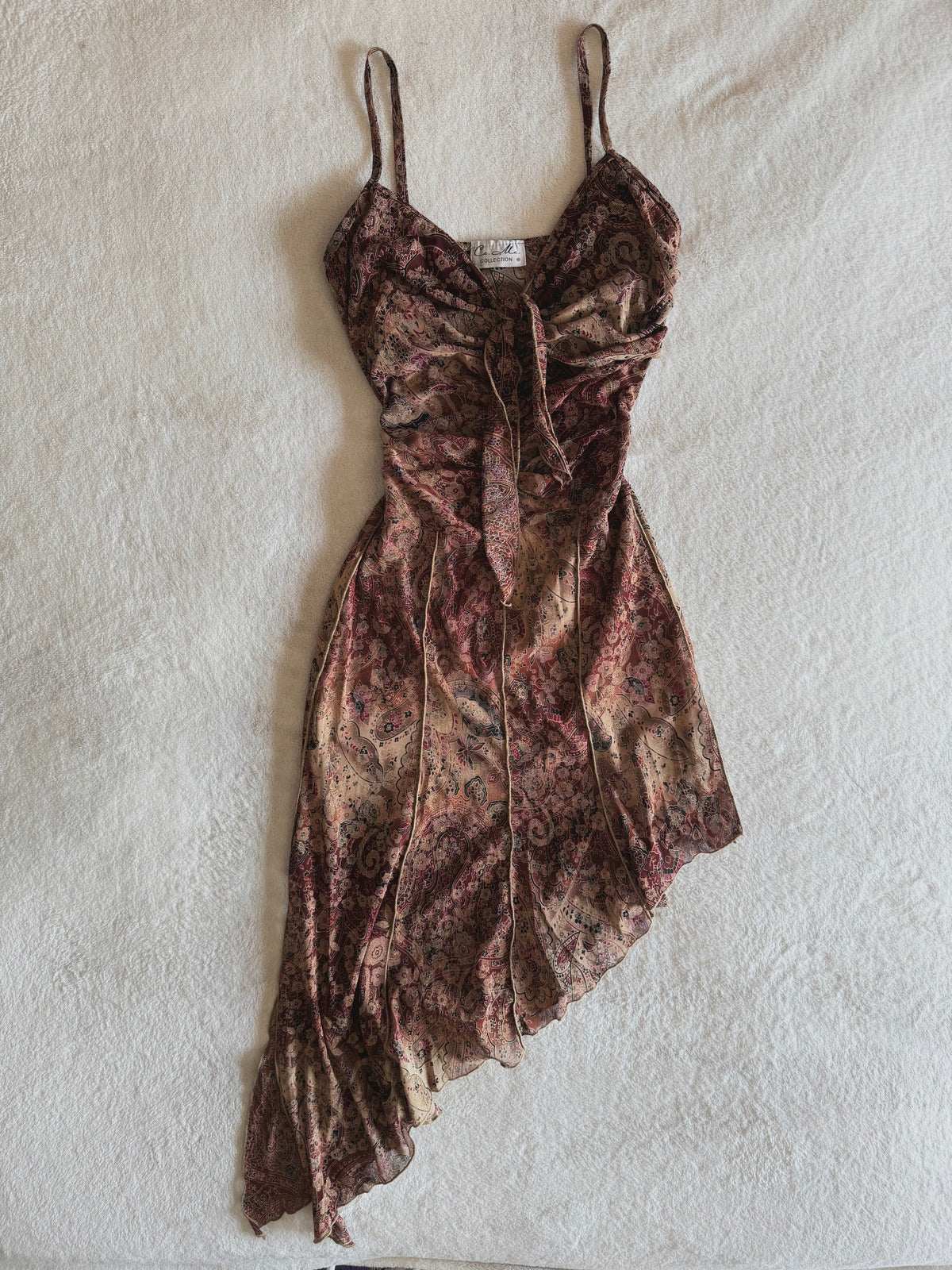 y2k vintage earthy fairy asymmetrical hem midaxi dress with glittery shimmer