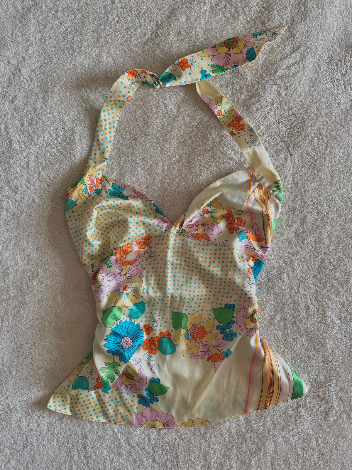 y2k vintage fitted silk floral ruched halterneck cami top